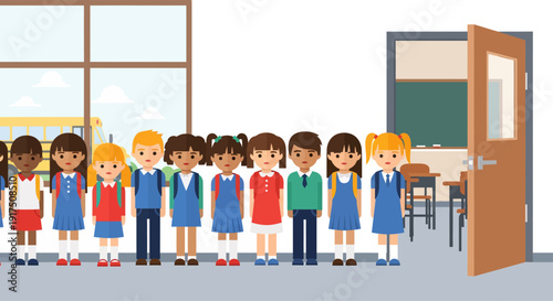 Children Standing in Line at School Door.