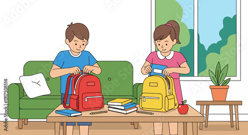 Children Preparing Backpacks for School Day.