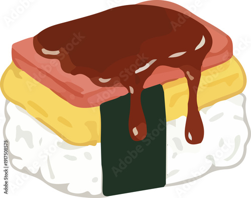 Flat vector illustration of musubi with rice, tamago omelet, savory luncheon meat, and rich teriyaki sauce dripping on top, wrapped in nori seaweed.