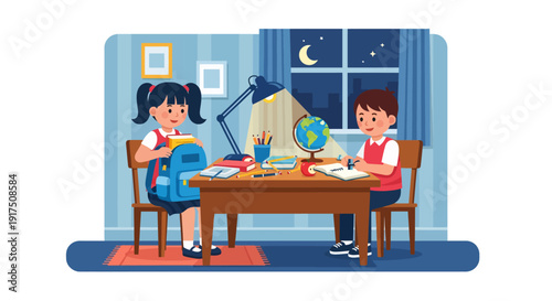 Children Studying Together at Desk.