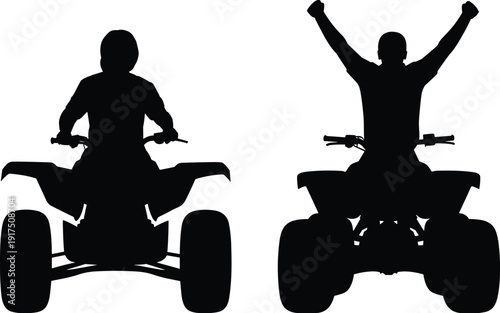 ATV rider silhouette set, quad bike front view with driver celebrating victory, off road adventure sport vector illustration isolated on white background