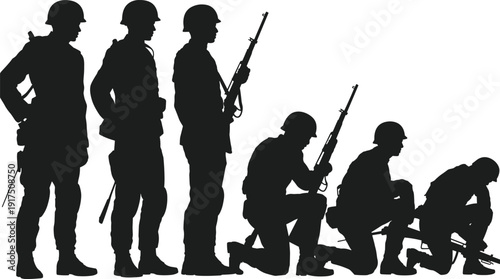 Soldier silhouette, military tribute, rifle stance, kneeling figure, reflective pose, combat readiness, black vector, patriotic illustration, army icon, memorial design