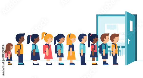 Diverse Children Standing in Line Near Open Doorway.