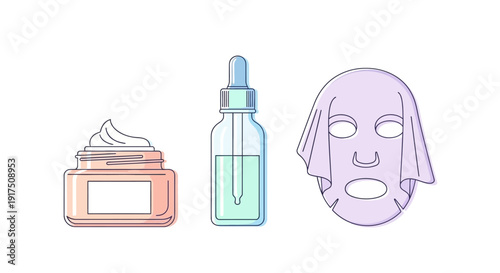 Flat line art illustration of skincare products including face cream, serum, and sheet mask