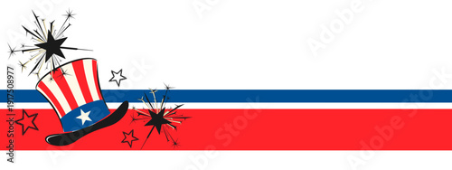 Patriotic Uncle Sam hat illustration with sparkling stars and red and blue stripes for American holiday celebration concept and national pride