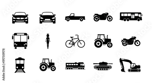 Various transportation vehicles and machinery icons on white background