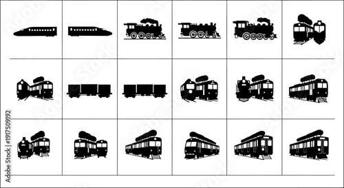 Collection of various train and locomotive silhouettes on white background for design use