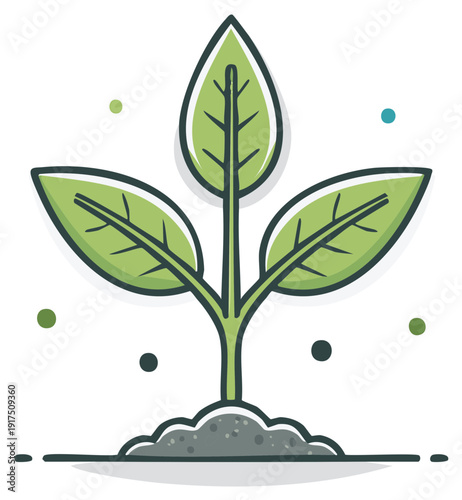 Healthy green seedling growing from rich soil with small colorful dots surrounding