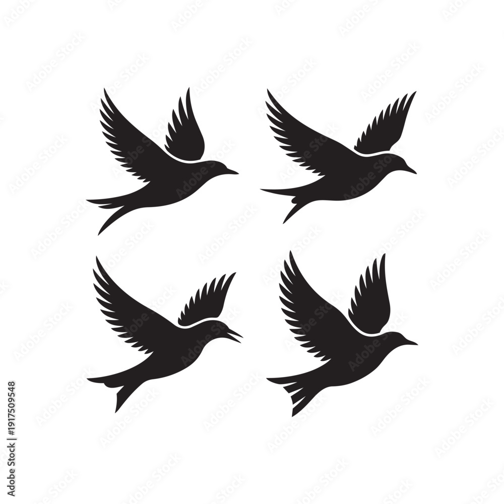 Fototapeta premium Set of flying birds silhouettes isolated on white background for design