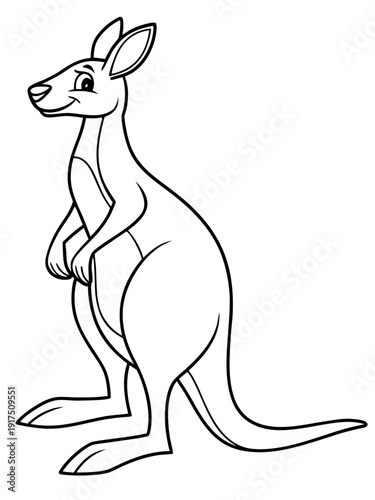 Cute cartoon black and white outline drawing of a happy kangaroo standing upright ready for coloring activities in a simple vector illustration