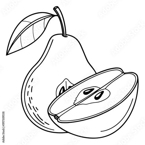 Simple black and white outline drawing of a whole ripe pear next to a perfectly halved pear displaying its inner core and seeds for coloring activities.