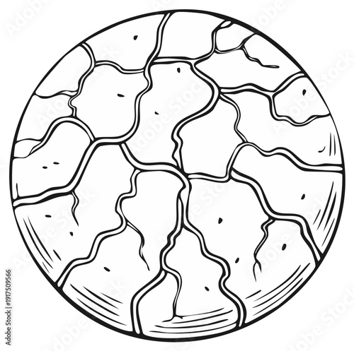 Barren planet or dry cracked earth sphere hand drawn sketch illustration