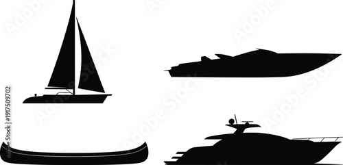 Black vector watercraft silhouette set featuring a sailboat, luxury yacht, speed boat, and canoe for marine travel, nautical design, and coastal recreation.