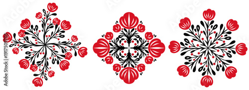 Vector set of floral clip art. Tracery collection of red flower wreaths