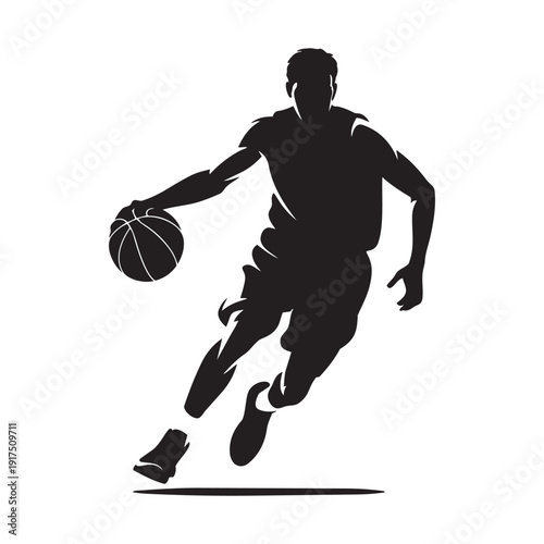 Basketball player dribbling ball, black silhouette vector illustration isolated on white background
