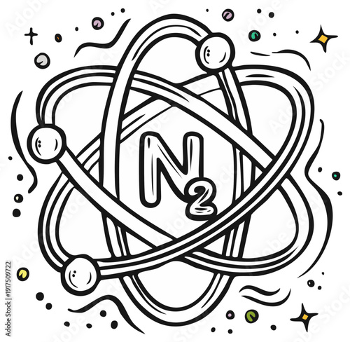 Stylized nitrogen molecule diagram with orbiting electrons and colorful dots