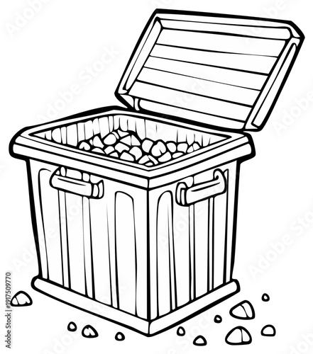 Open Trash Can Filled with Debris and Scattered Outside, Simple Outline Illustration