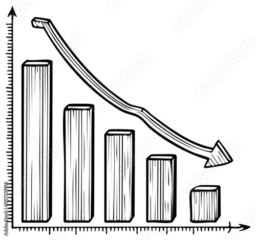 Drawn Bar Chart with Decreasing Values and Downward Trending Arrow