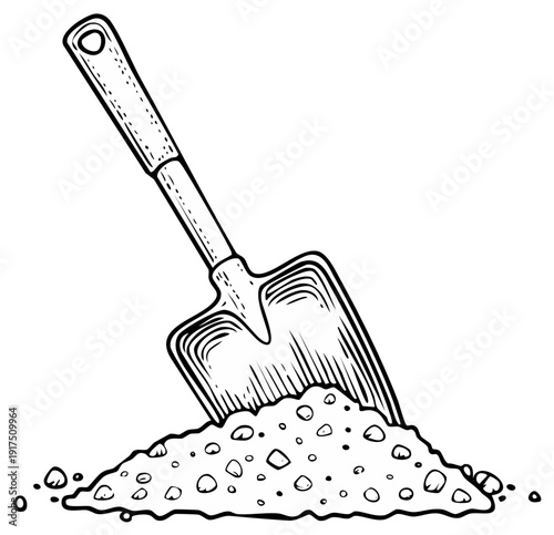 Illustration of garden shovel stuck in a pile of soil, black and white