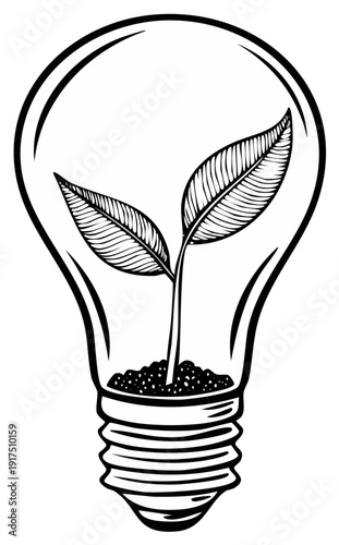 Growing seedling inside a clear glass lightbulb symbolizing new ideas and eco friendly concepts