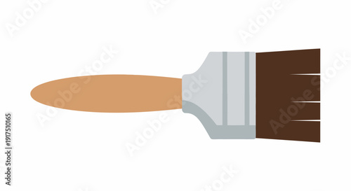 Paintbrush with brown bristles and wooden handle.