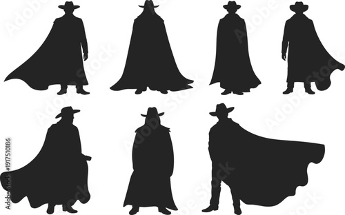Cowboy silhouette collection with cape and hat, wild west western character set in different standing poses, black vector illustration isolated on white background.