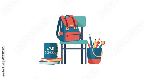 School Supplies Backpack Chair Cartoon Illustration.