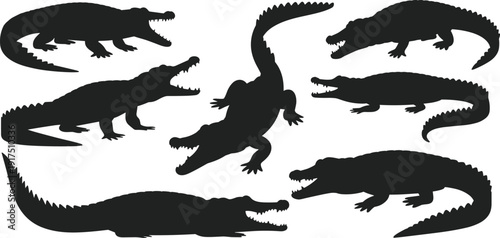 Crocodile silhouette collection in different poses, alligator reptile predator set, wild animal black vector illustration isolated on white background for nature design.