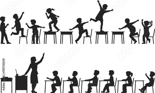 Children classroom behavior silhouette set, students jumping on desks and teacher teaching lesson, school discipline concept, black vector illustration isolated on white background