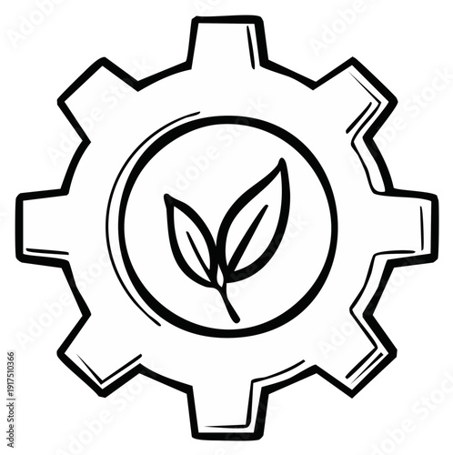 Gear with leaves within a circle, representing nature and technology