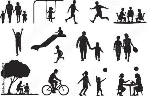Family and children silhouettes set in park activities, walking, playing, swinging, sliding, cycling and picnic time, outdoor recreation people vector illustration isolated.
