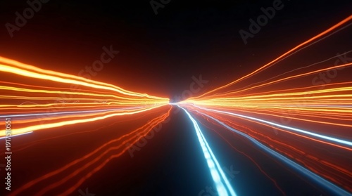 A dynamic abstract composition captures the thrill of speed, with streaks of warm orange and cool blue light racing along a straight path into the distance.