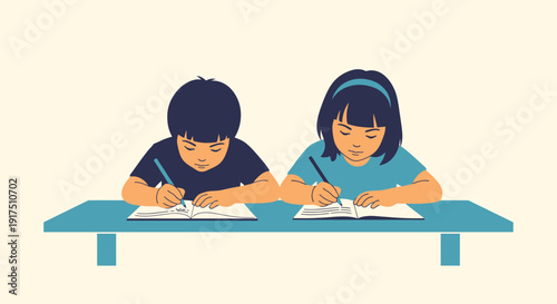 Two Children Writing at a Table.