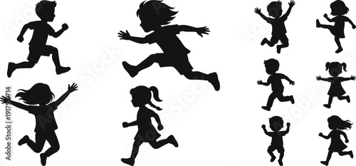 Children running silhouette collection, happy kids jumping and playing vector illustration set isolated on white background for education and childhood concepts