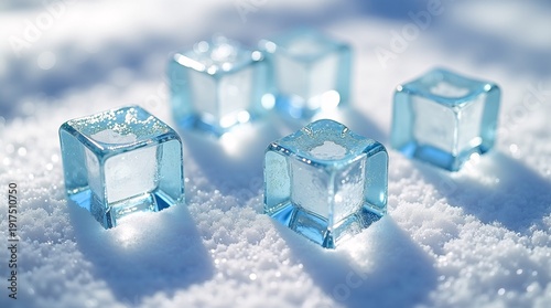 Five translucent ice cubes nestle in soft, powdery snow, their pale blue surfaces glistening with frost-like textures.