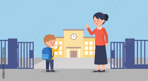 Woman and Boy Standing Near School Building.