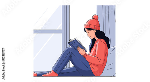 Woman Reading Book Sitting by Window.