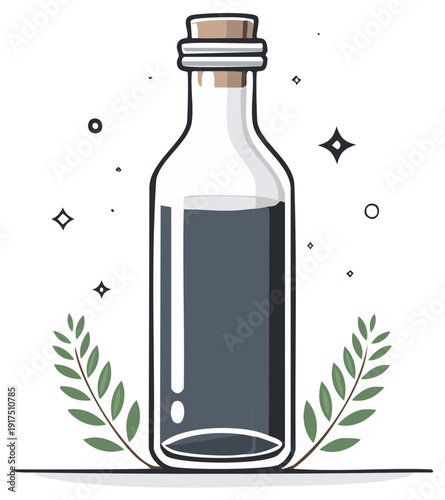 Glass Potion Bottle with Dark Liquid Decorative Leaves Simple Vector Illustration