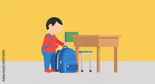 Young Boy Packing Suitcase at Desk.