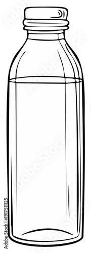 Clear liquid filled in a simple tall glass bottle with a threaded cap line art illustration