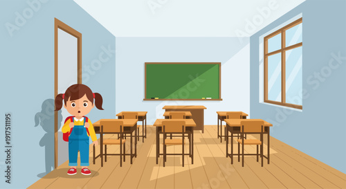 Young Girl Standing in Empty Classroom.