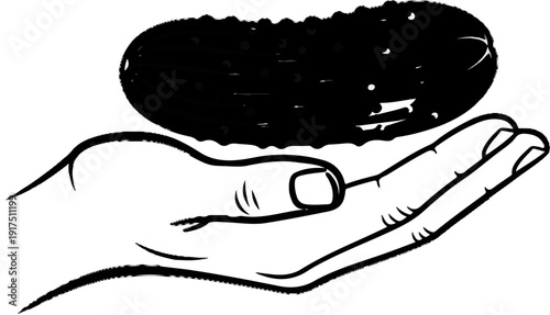 Black and white illustration of a hand holding a pickle