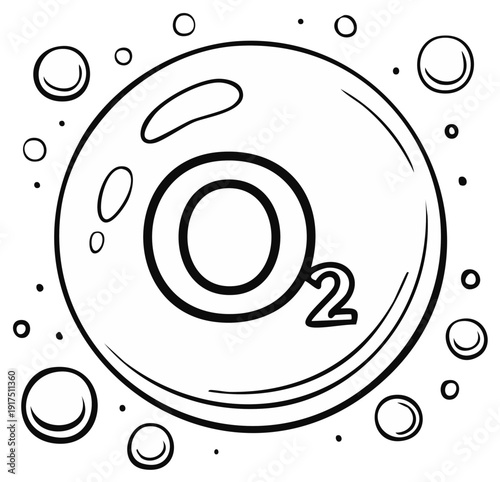 Outline illustration of O₂ oxygen molecule chemical symbol floating within a large bubble