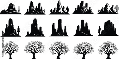 Desert mountain and tree silhouette collection, black and white vector illustration set with canyon rocks, cactus and bare trees isolated on light background