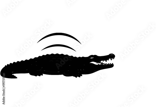 Black alligator silhouette with open jaws and curved lines above