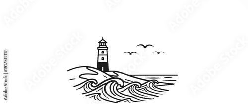 Black and white line drawing of a lighthouse on a rocky shore with crashing waves and birds