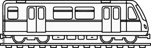 Black and white line drawing of a modern train on tracks
