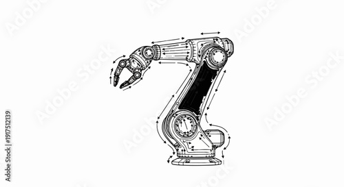 Black and white illustration of a robotic arm with movement arrows