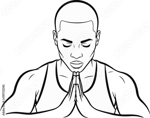Black and white line drawing of a person praying with eyes closed