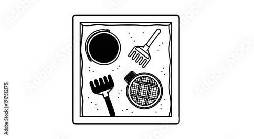 Black and white illustration of a sandbox with toys
